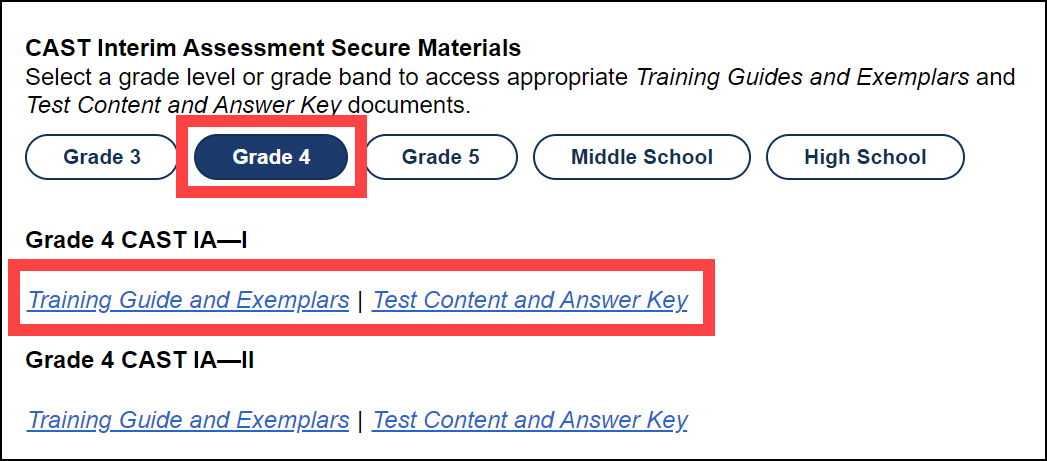 CAST section on the Secure Materials web page, with the interim assessment materials displayed