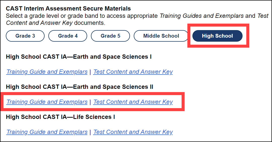 CAST section on the Secure Materials web page, with the interim assessment materials displayed