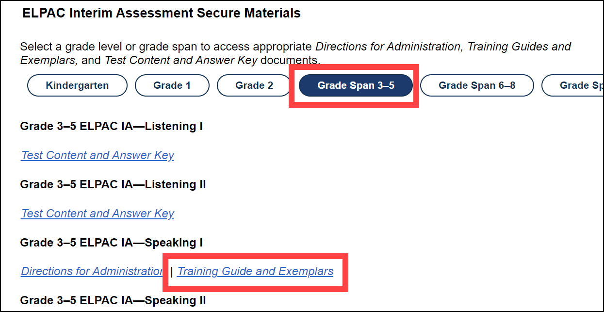 ELPAC section on the Secure Materials web page, with the interim assessment materials displayed