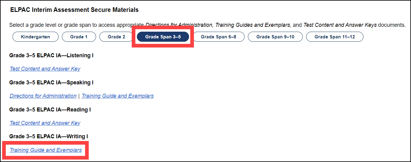 ELPAC section on the Secure Materials web page, with the interim assessment materials displayed