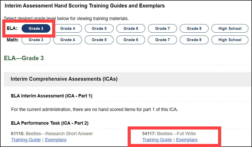 ELA section on the Secure Materials web page, with the interim assessment materials displayed