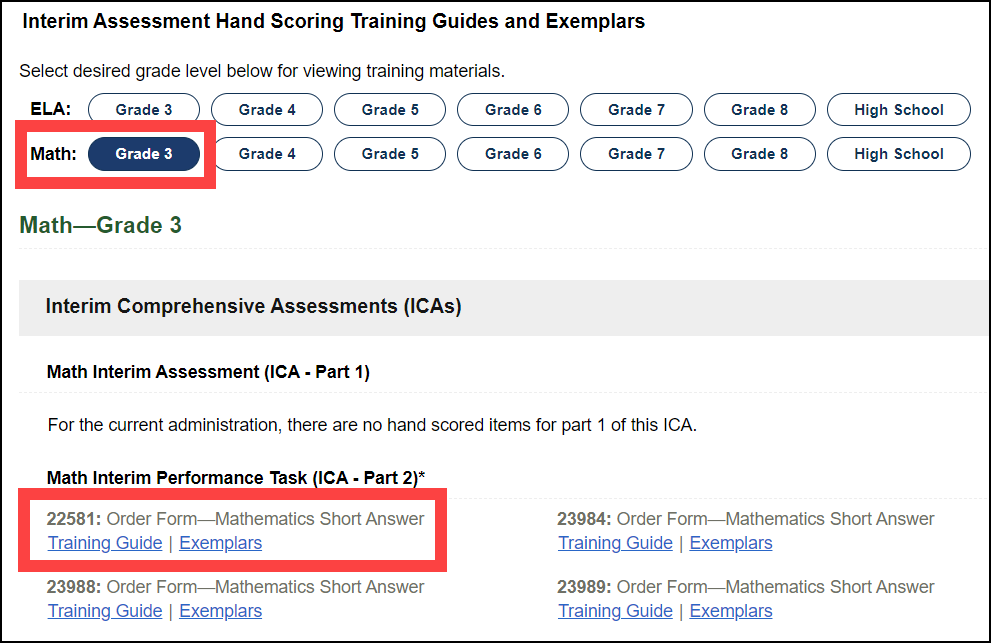 Math section on the Secure Materials web page, with the interim assessment materials displayed