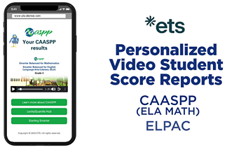 Cell phone open to a web page that says "Your CAASPP results" with a caption next to it that says "Personalized Video Student Score Reports."